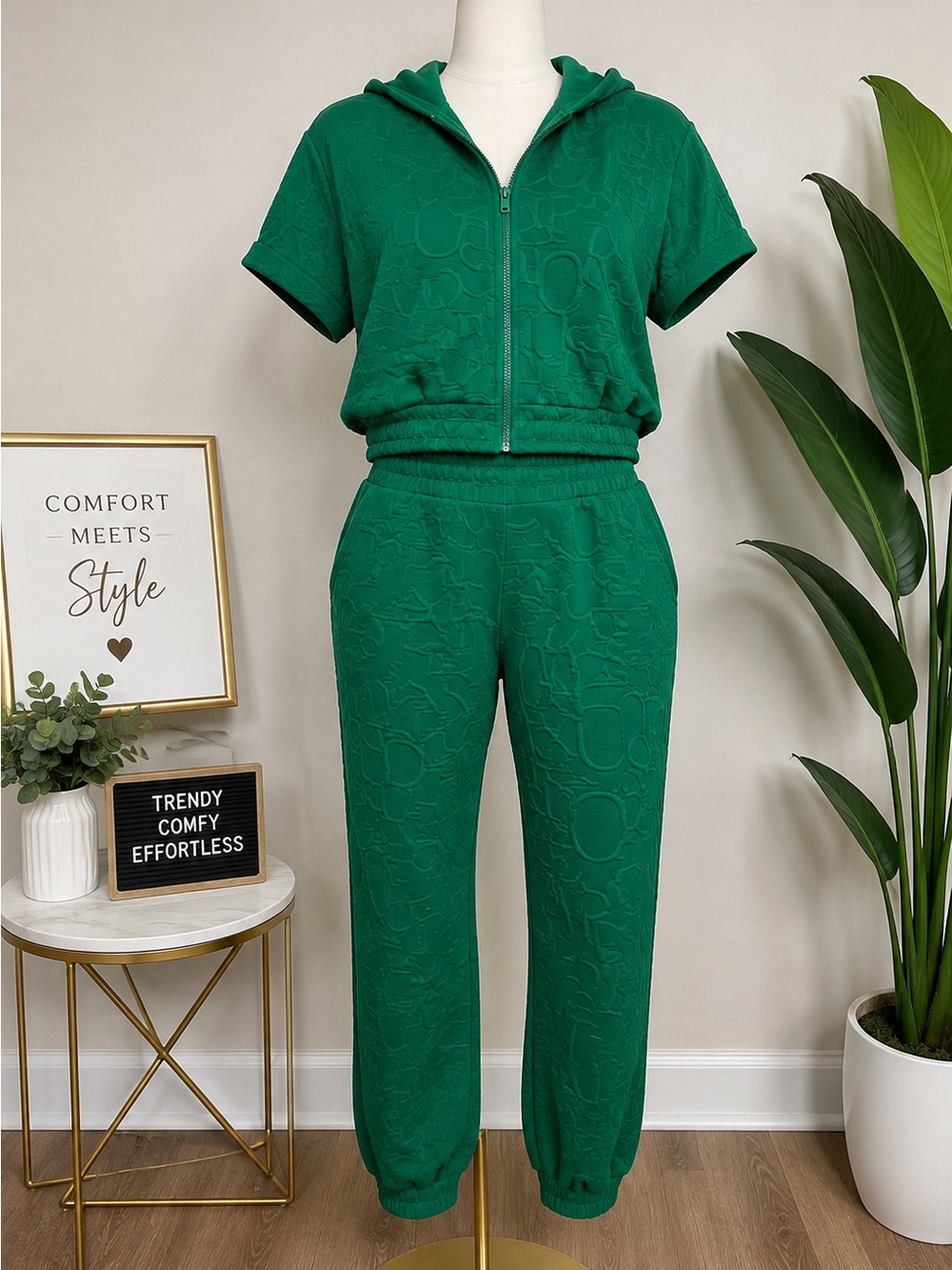 Green Embossed Hooded Jogger Set - Women